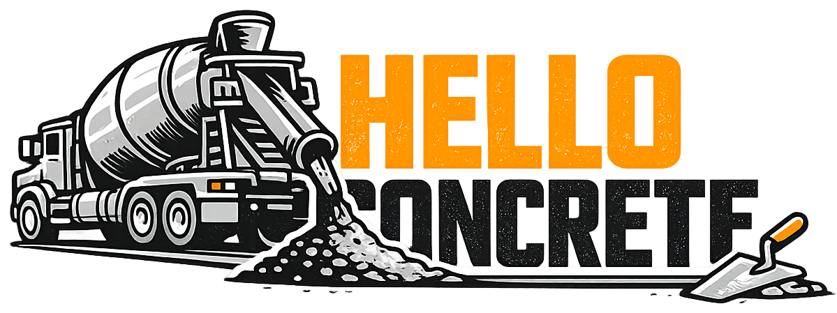 Hello Concrete logo — cement mixer truck pouring a fresh slab beside a finishing trowel